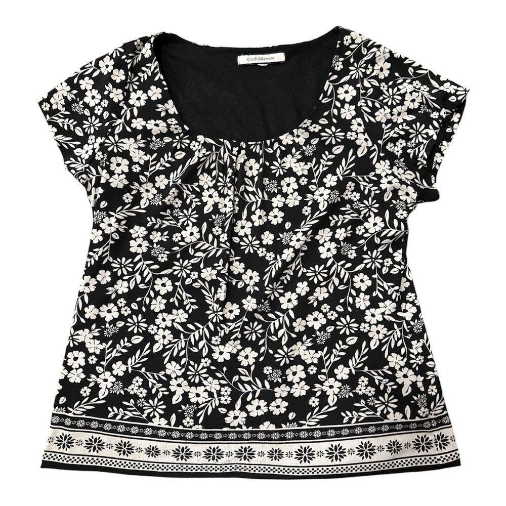 Croft & Barrow Women Top Large Black Floral Blouse Pleated Sleeveless